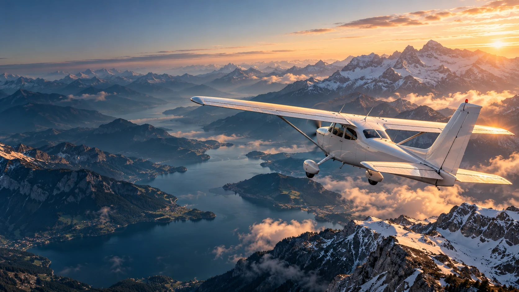 A light aircraft flying above an Alpine lake and mountain ridges at sunrise